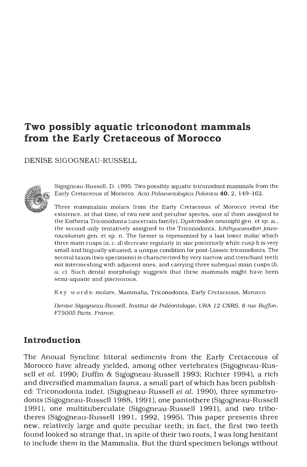 Two Possibly Aquatic Triconodont Mammals from the Early Cretaceous of Morocco