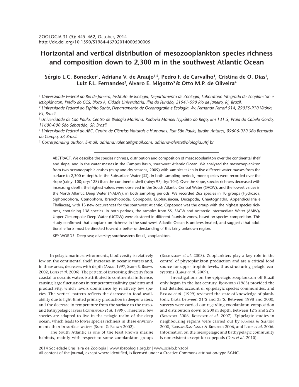 Horizontal and Vertical Distribution of Mesozooplankton Species Richness and Composition Down to 2,300 M in the Southwest Atlantic Ocean