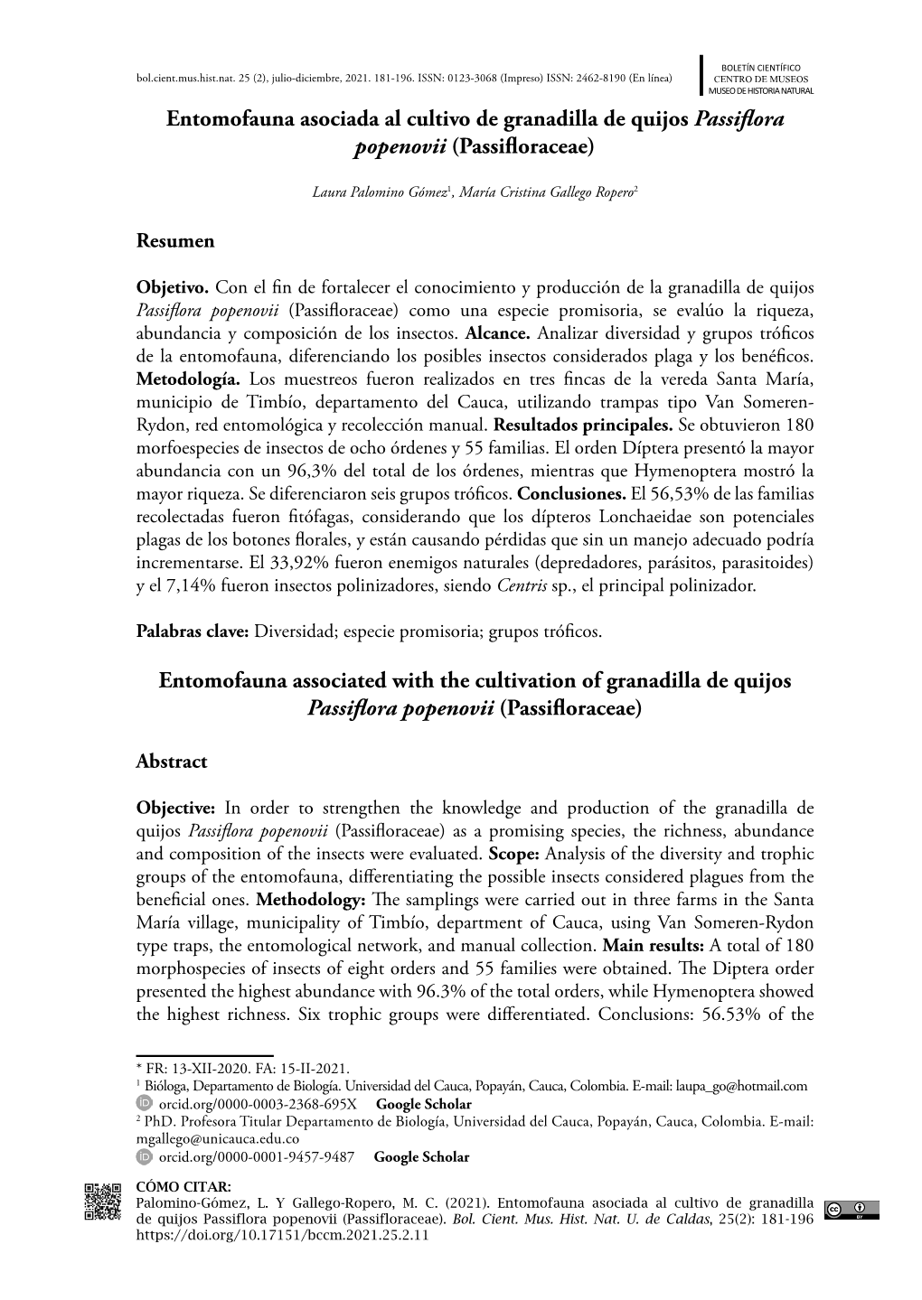 Entomofauna Asociada Al Cultivo De Granadilla De Quijos Passiflora Popenovii (Passifloraceae)