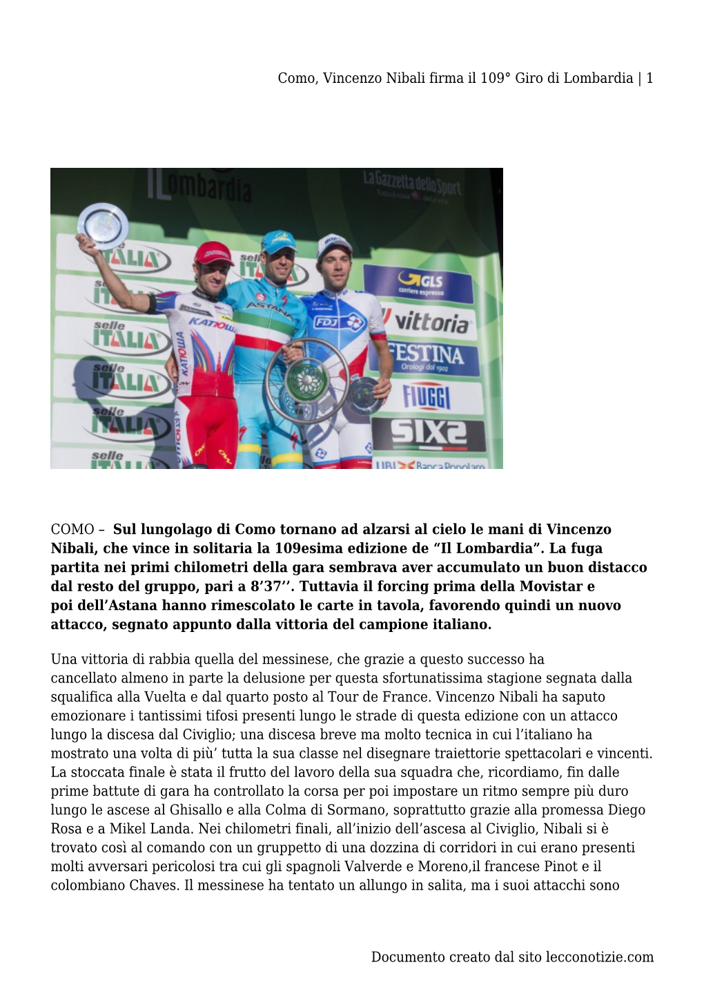 Como, Vincenzo Nibali Firma Il 109° Giro Di Lombardia | 1