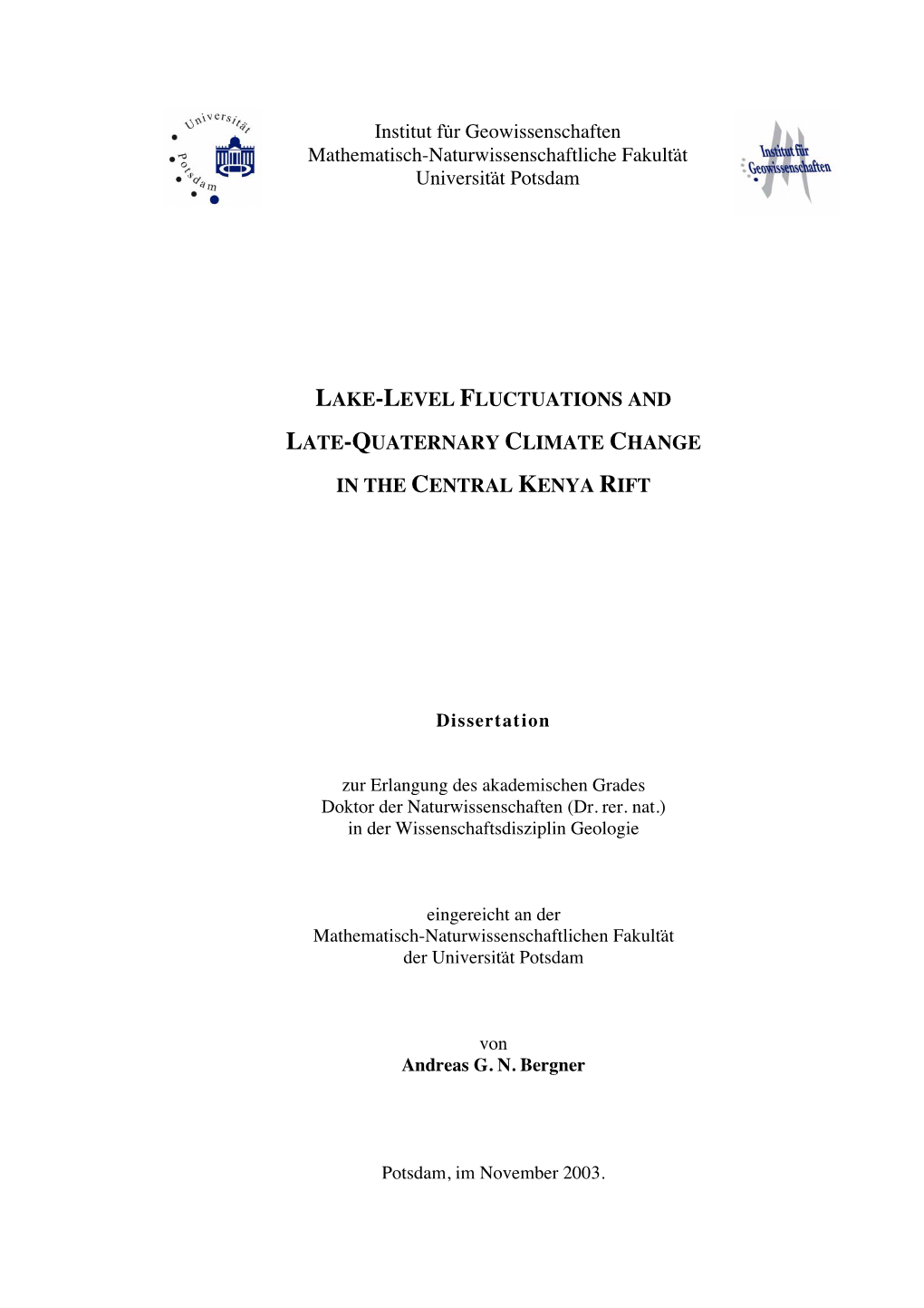 Institut Für Geowissenschaften Mathematisch-Naturwissenschaftliche Fakultät Universität Potsdam LAKE-LEVEL FLUCTUATIONS and L