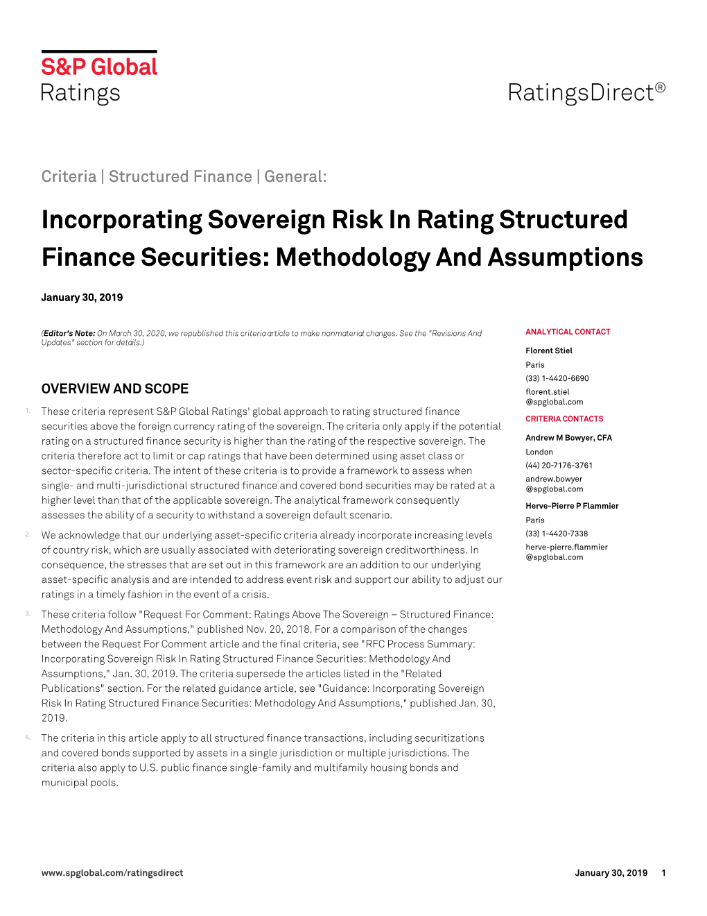 Incorporating Sovereign Risk in Rating Structured Finance Securities: Methodology and Assumptions