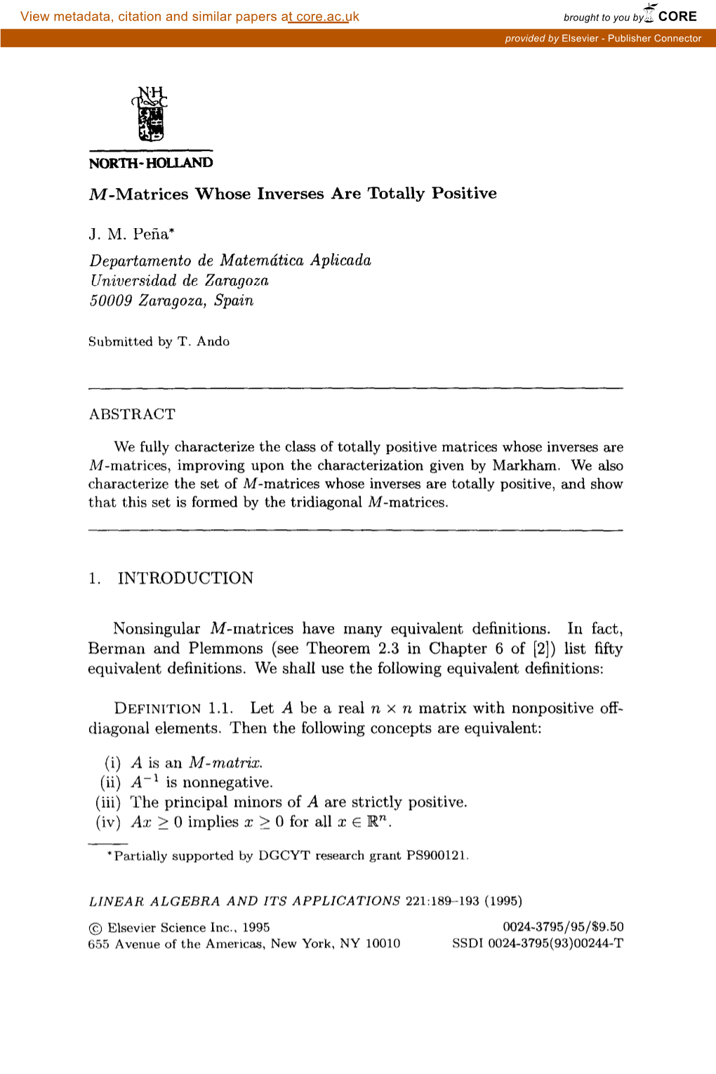 M-Matrices Whose Inverses Are Totally Positive J. M. Pena