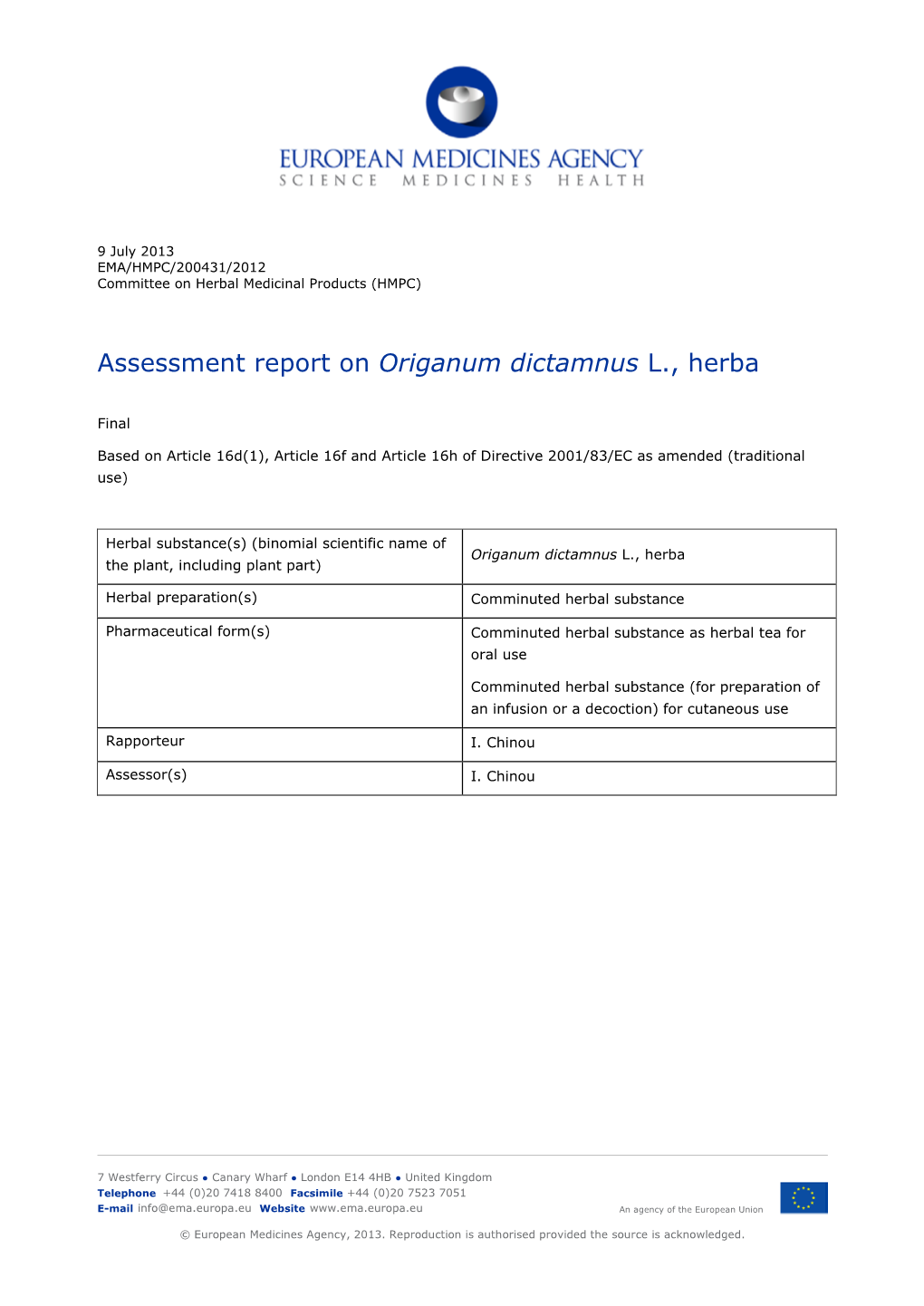 Assessment Report on Origanum Dictamnus L., Herba