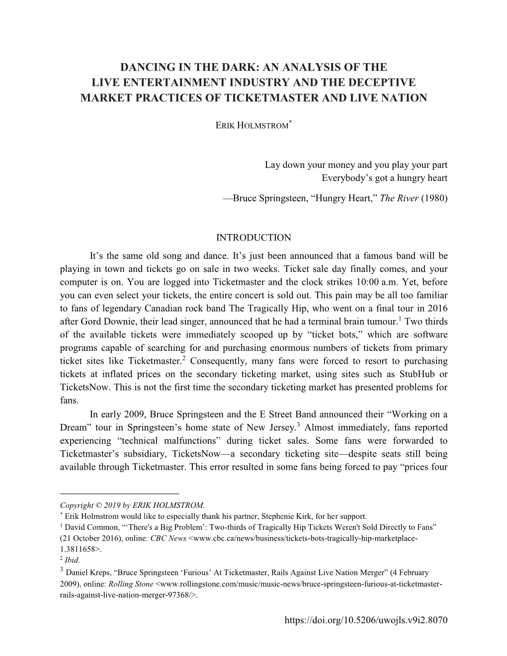 An Analysis of the Live Entertainment Industry and the Deceptive Market Practices of Ticketmaster and Live Nation