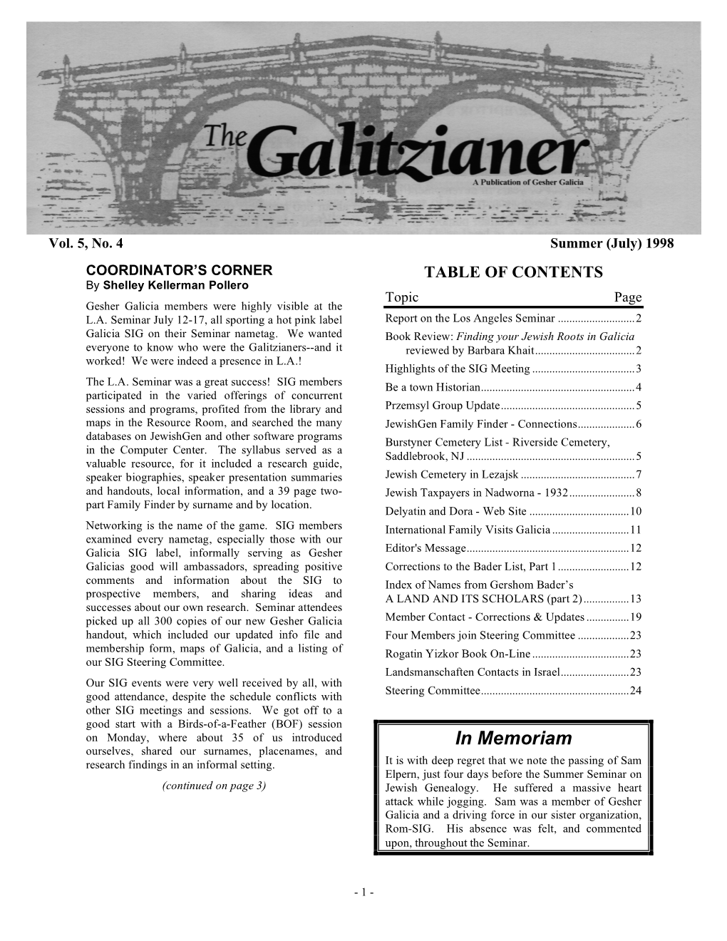 Vol. 5, No. 4 Summer (July) 1998 COORDINATOR's CORNER