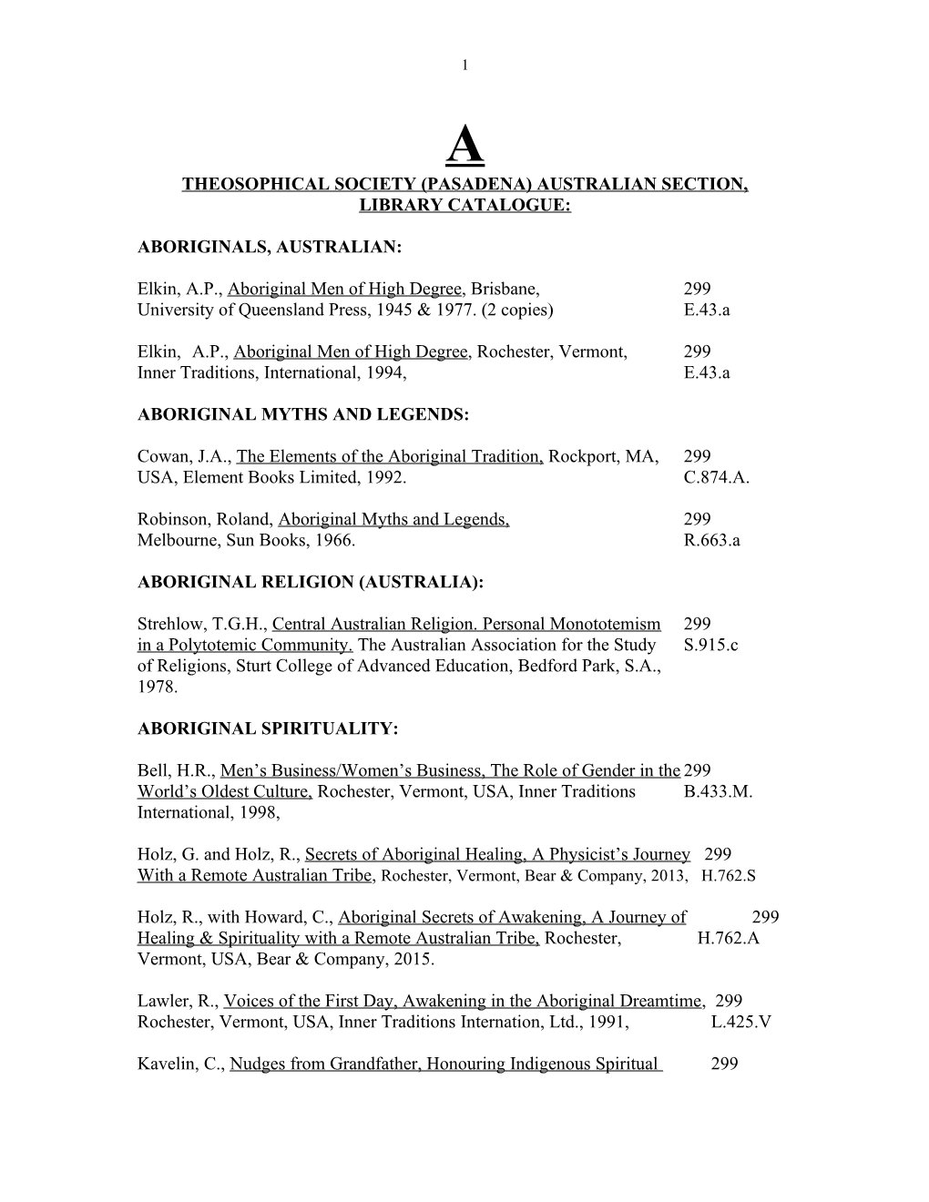 Theosophical Society (Pasadena) Australian Section, Library Catalogue
