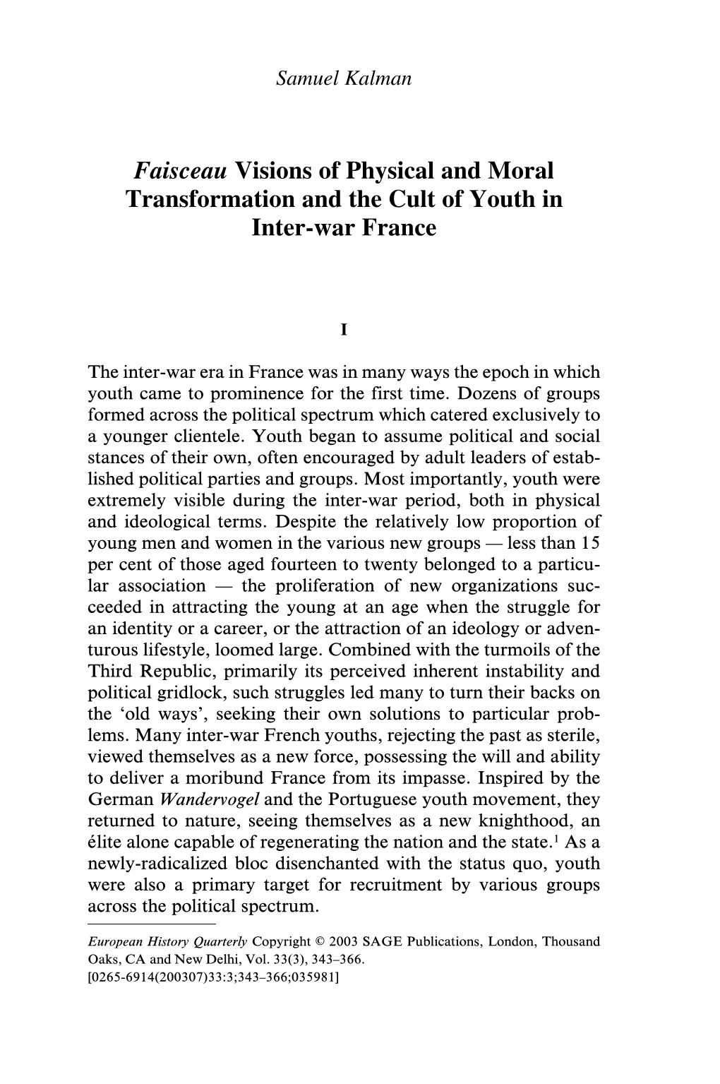 Faisceau Visions of Physical and Moral Transformation and the Cult of Youth in Inter-War France