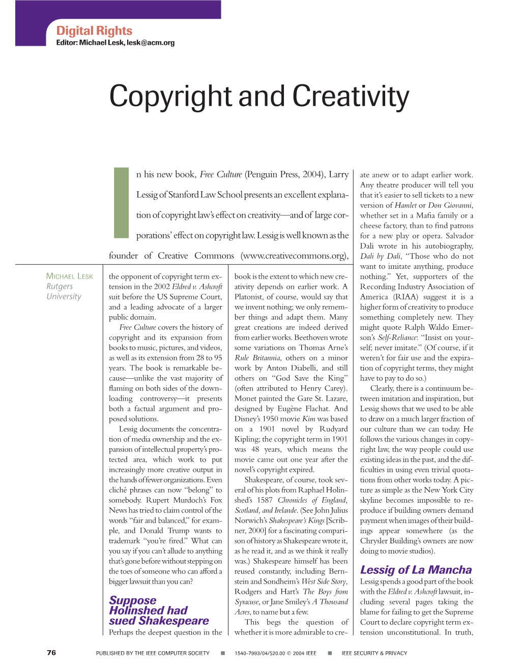 Copyright and Creativity (Review of "Free Culture