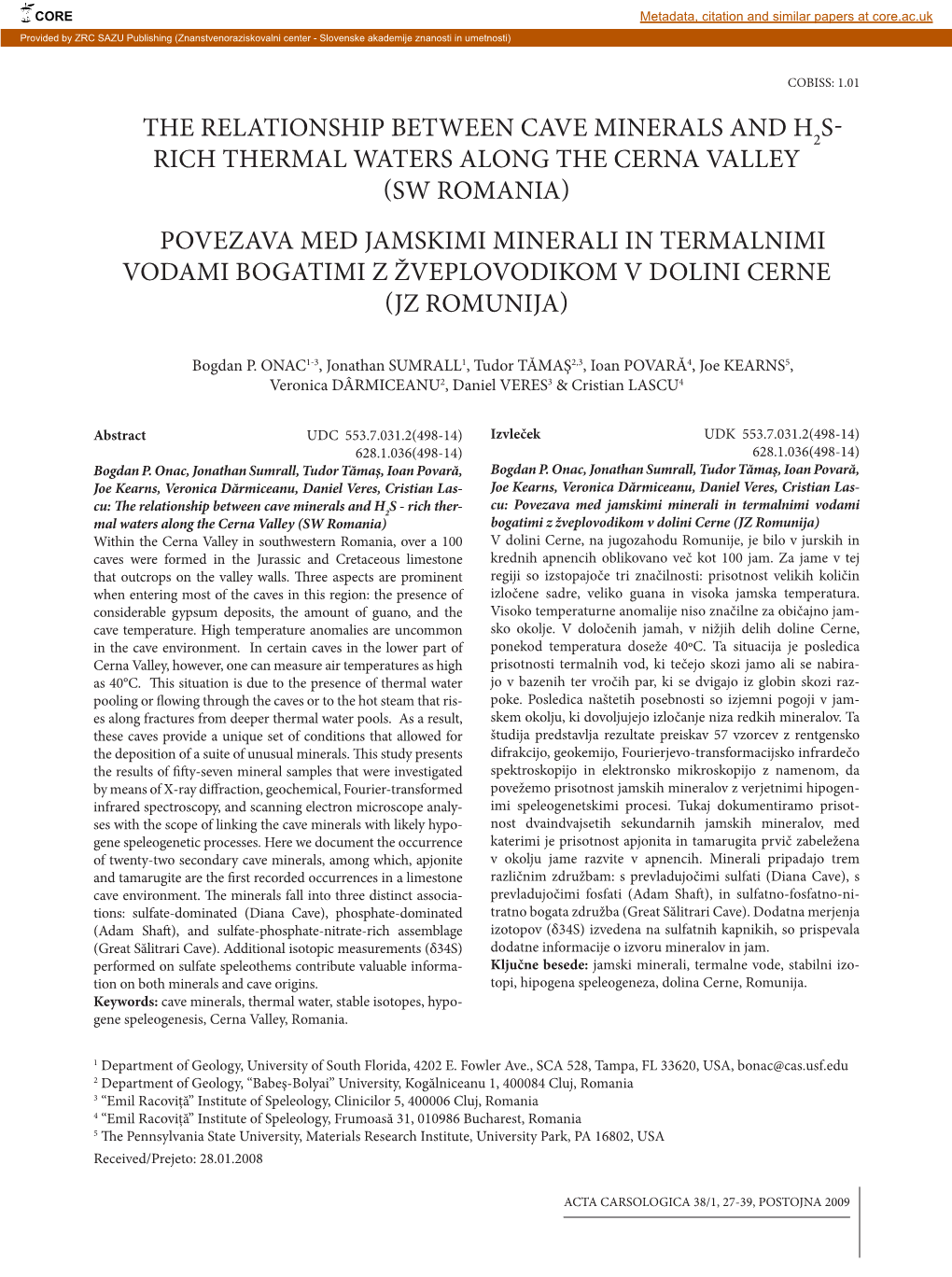 The Relationship Between Cave Minerals and H S