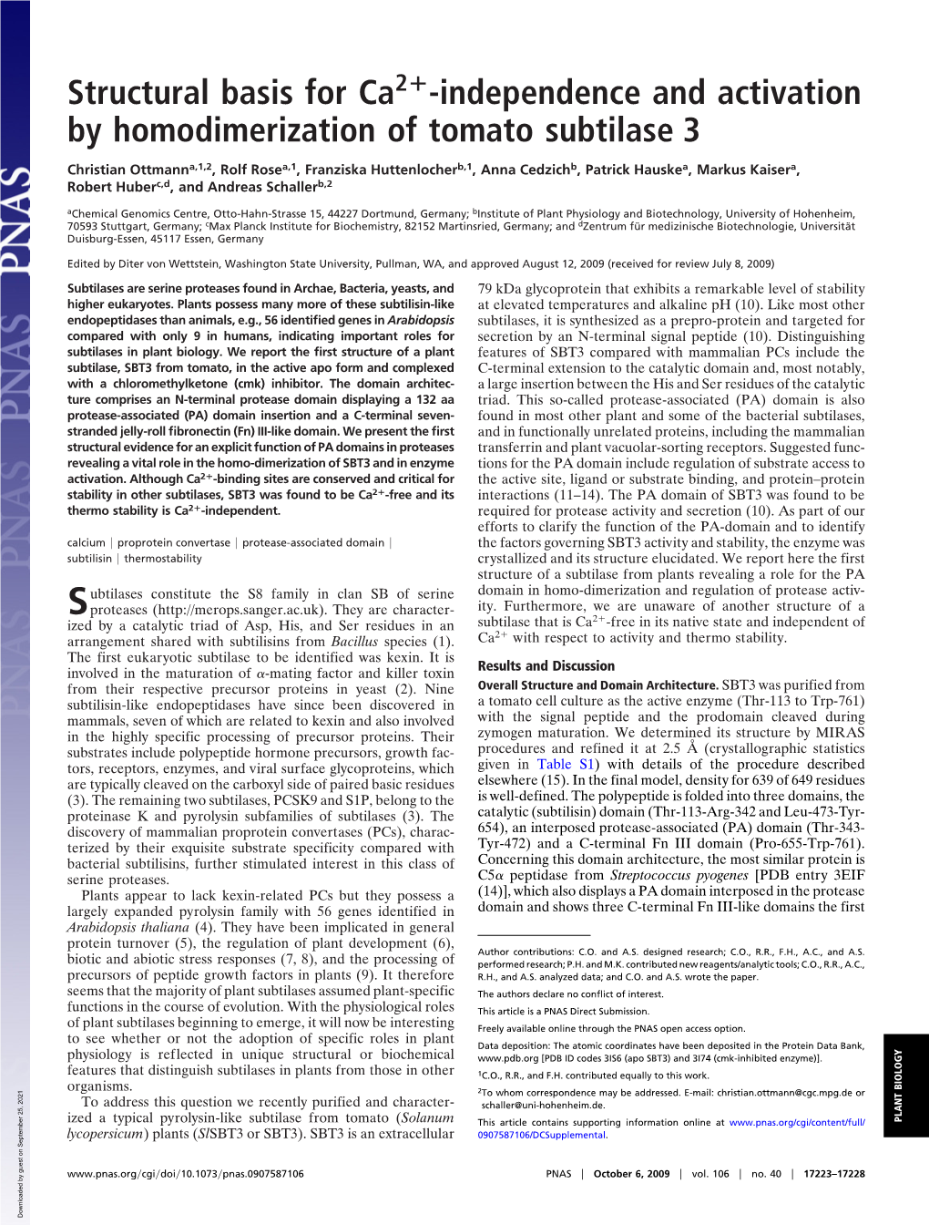 Independence and Activation by Homodimerization of Tomato Subtilase 3