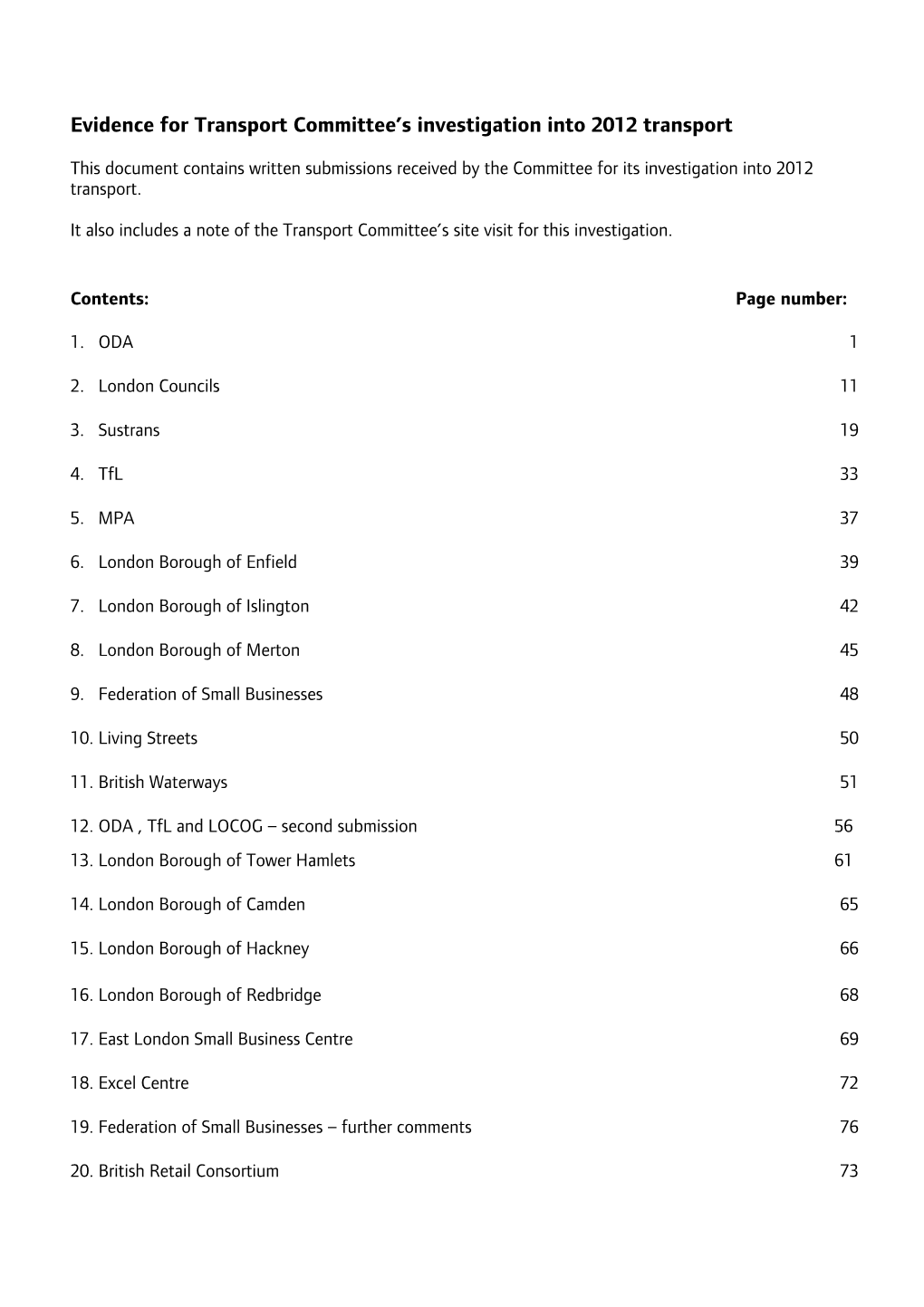 Written Submissions Provided for the Transport Committee's Review Into