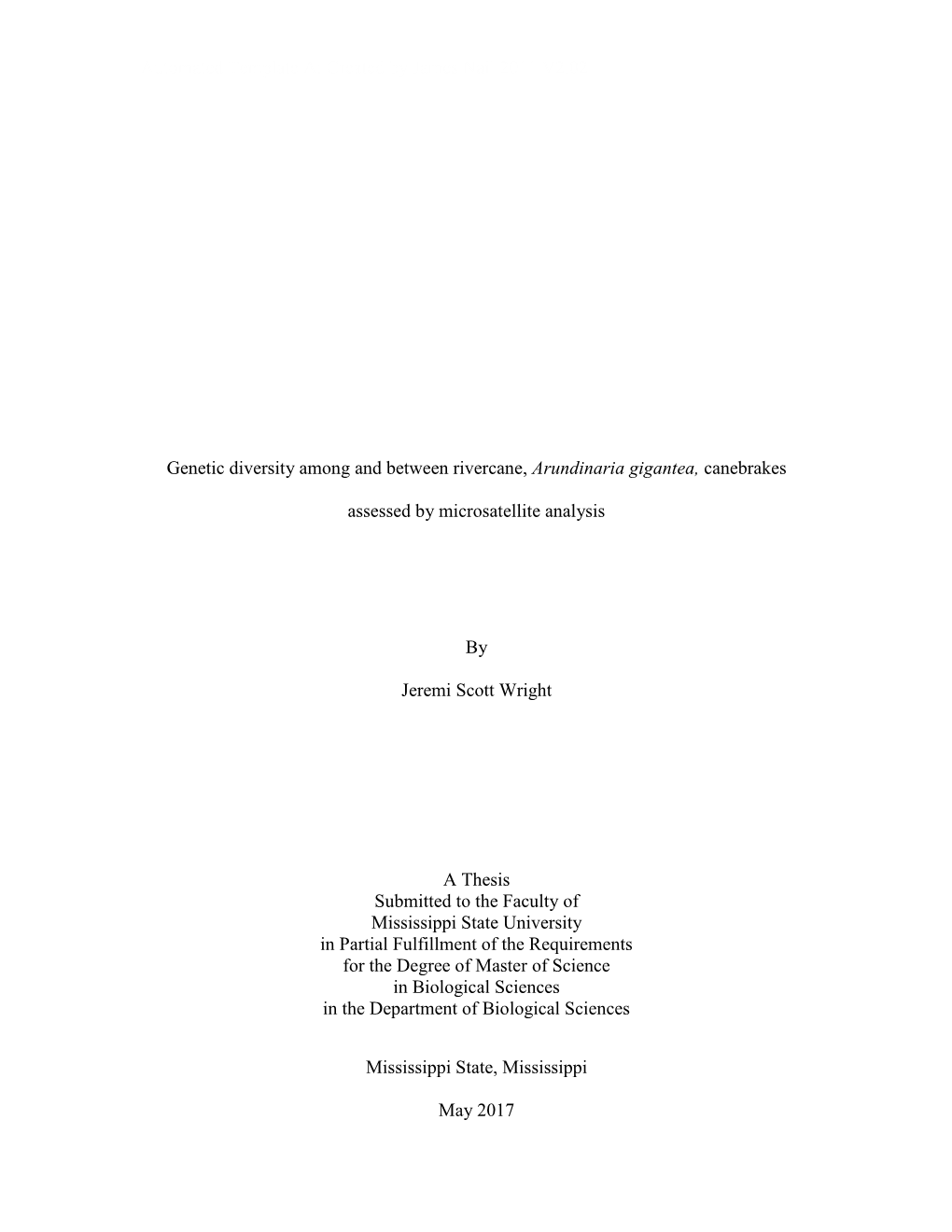 Genetic Diversity Among and Between Rivercane, Arundinaria Gigantea, Canebrakes