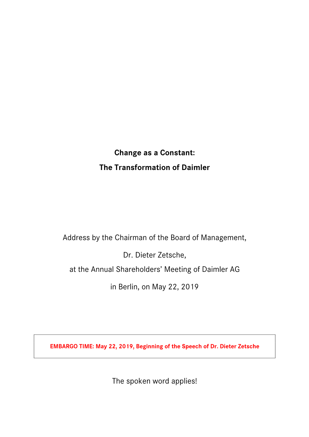 Daimler Annual Meeting 2018 Speech Dr. Dieter Zetsche