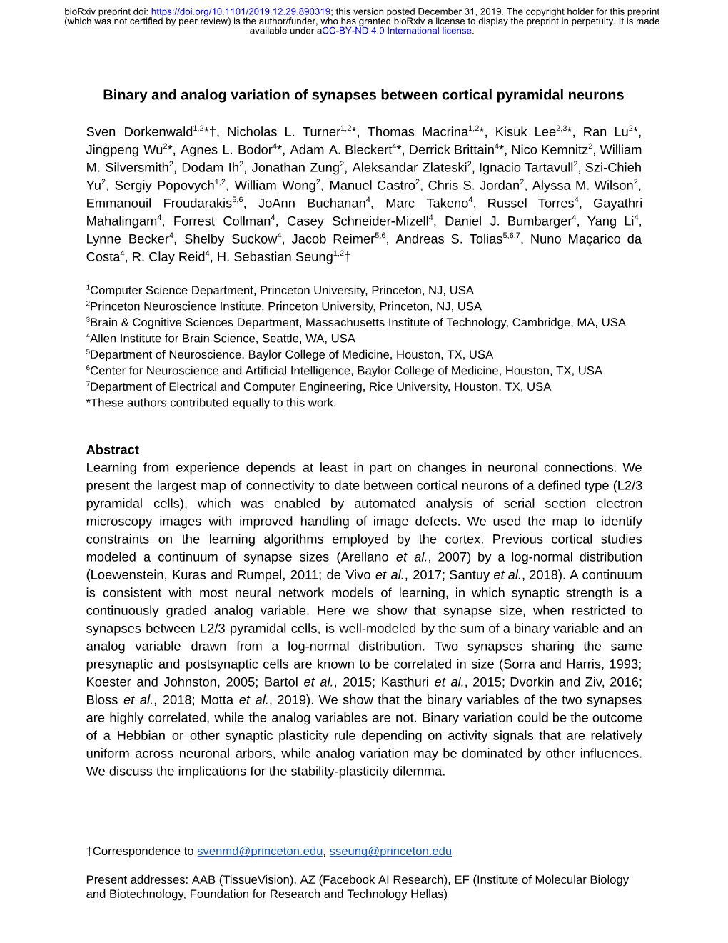 Binary and Analog Variation of Synapses Between Cortical Pyramidal Neurons