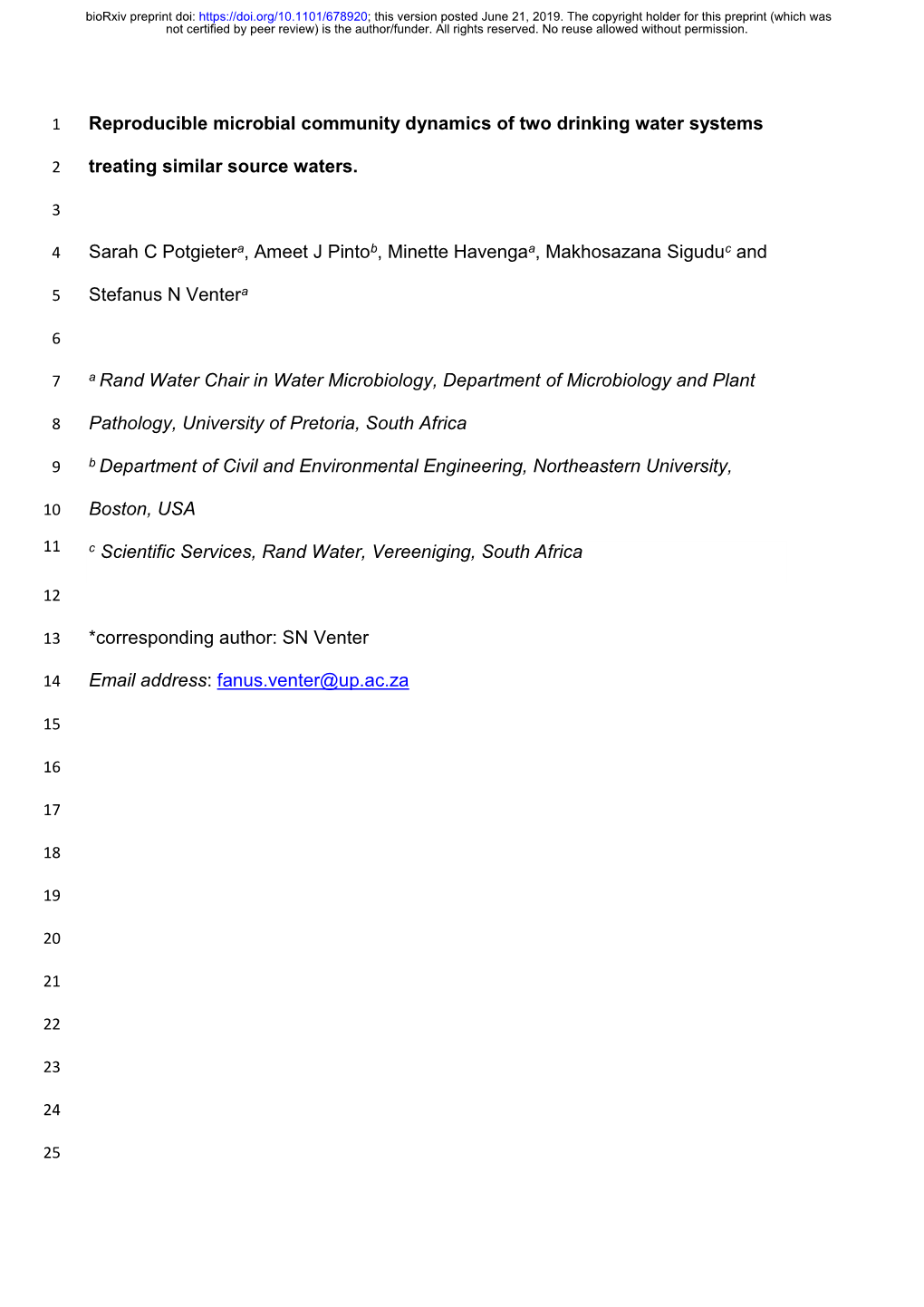 Reproducible Microbial Community Dynamics of Two Drinking Water Systems