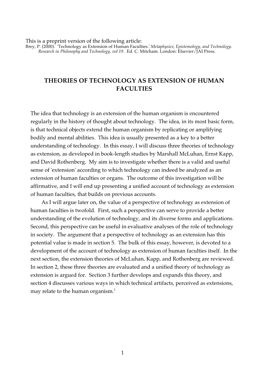 Theories of Technology As Extension of Human Faculties