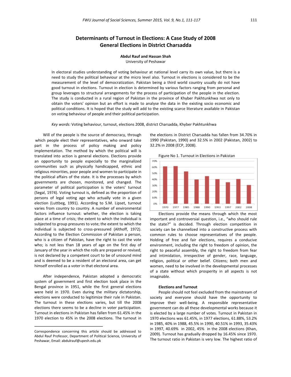 Determinants of Turnout in Elections: a Case Study of 2008 General Elections in District Charsadda