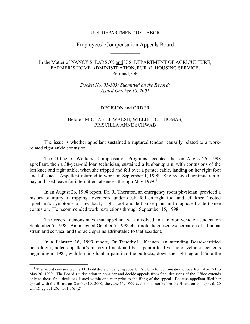 01-0303: NANCY S. LARSON and U.S. DEPARTMENT of A