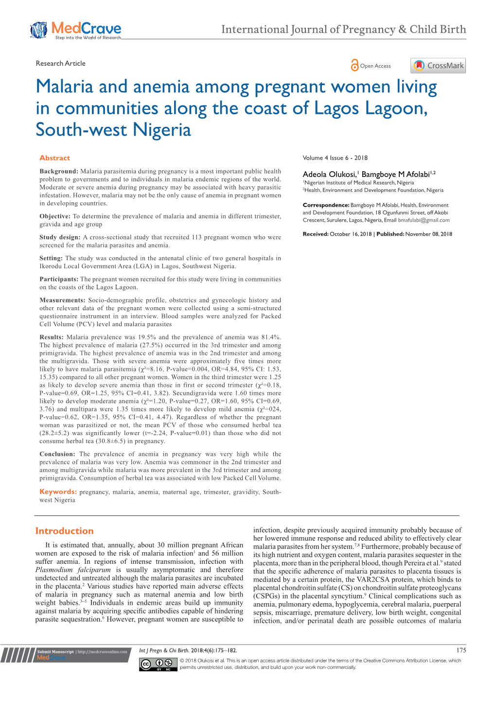 Malaria and Anemia Among Women Living in Communities Along the Coast of Lagos Lagoon, South-West Nigeria