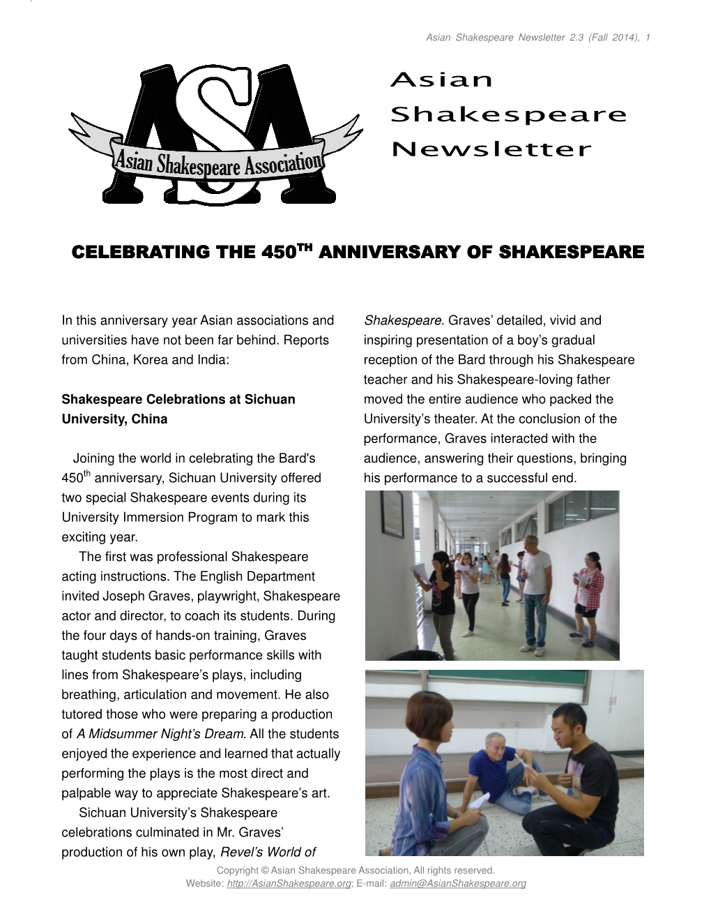 Asian Shakespeare Newsletter 2.3 (Fall 2014), 1
