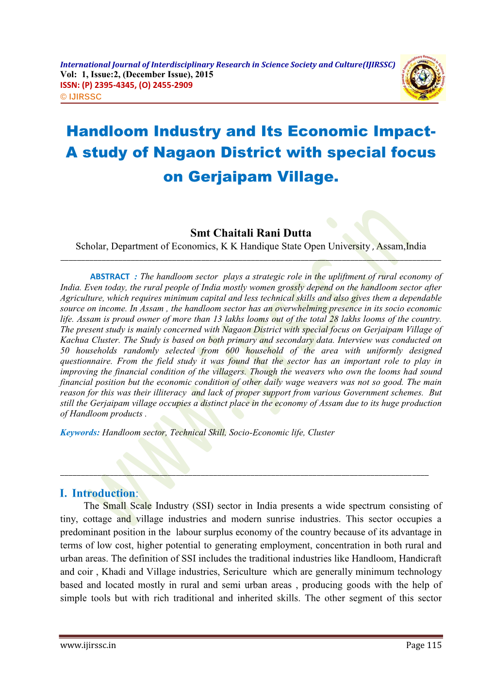 Handloom Industry and Its Economic Impact- a Study of Nagaon District with Special Focus on Gerjaipam Village
