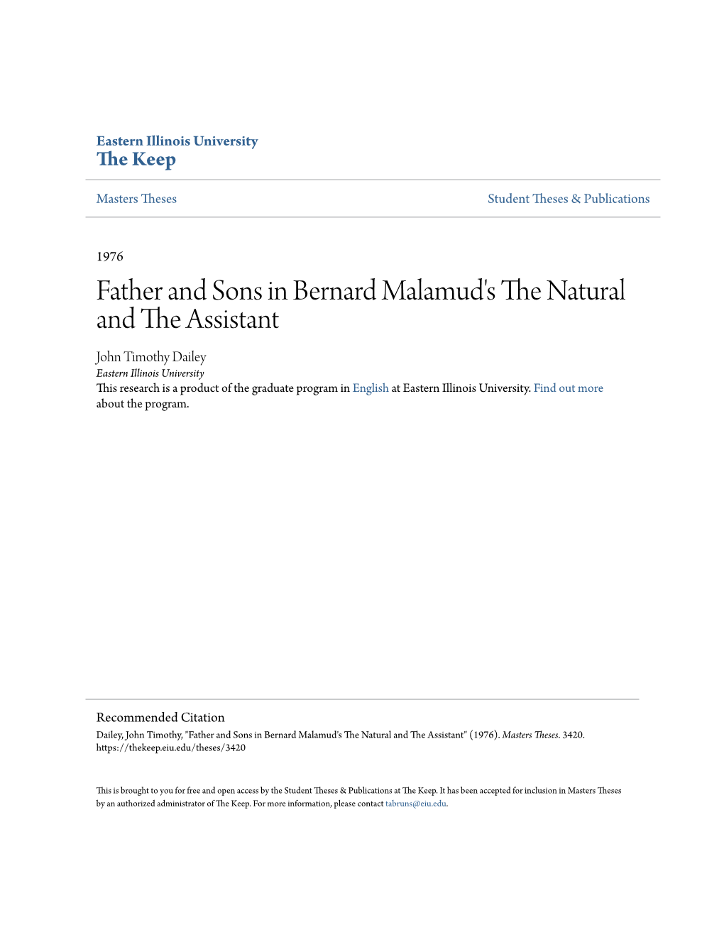 Father and Sons in Bernard Malamud's the Natural and The