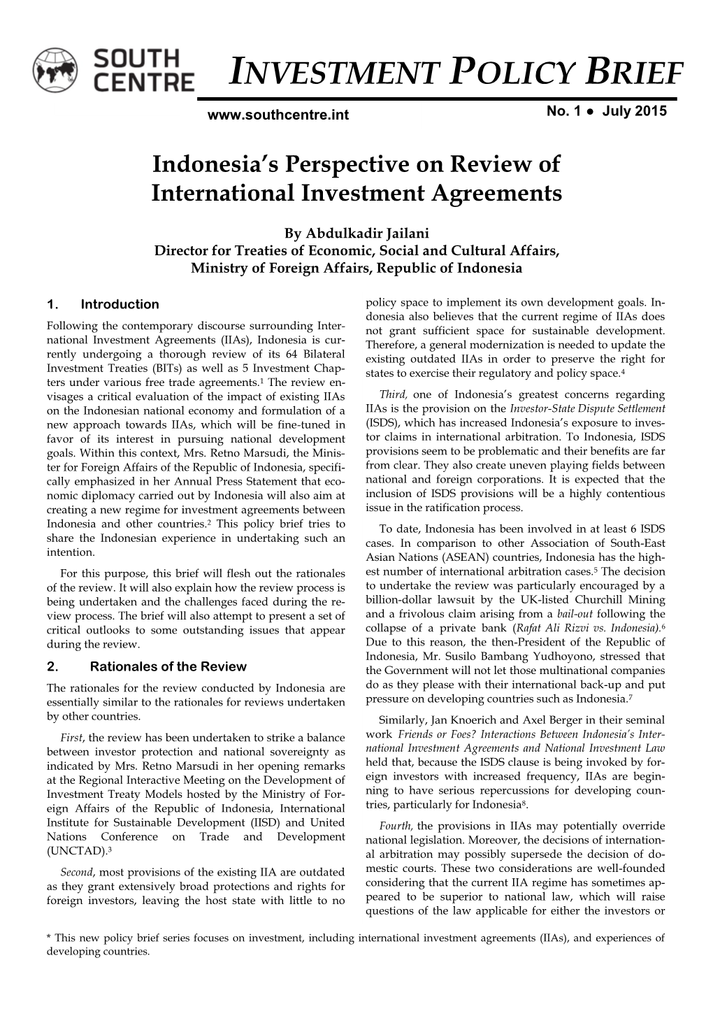 Indonesia’S Perspective on Review of International Investment Agreements
