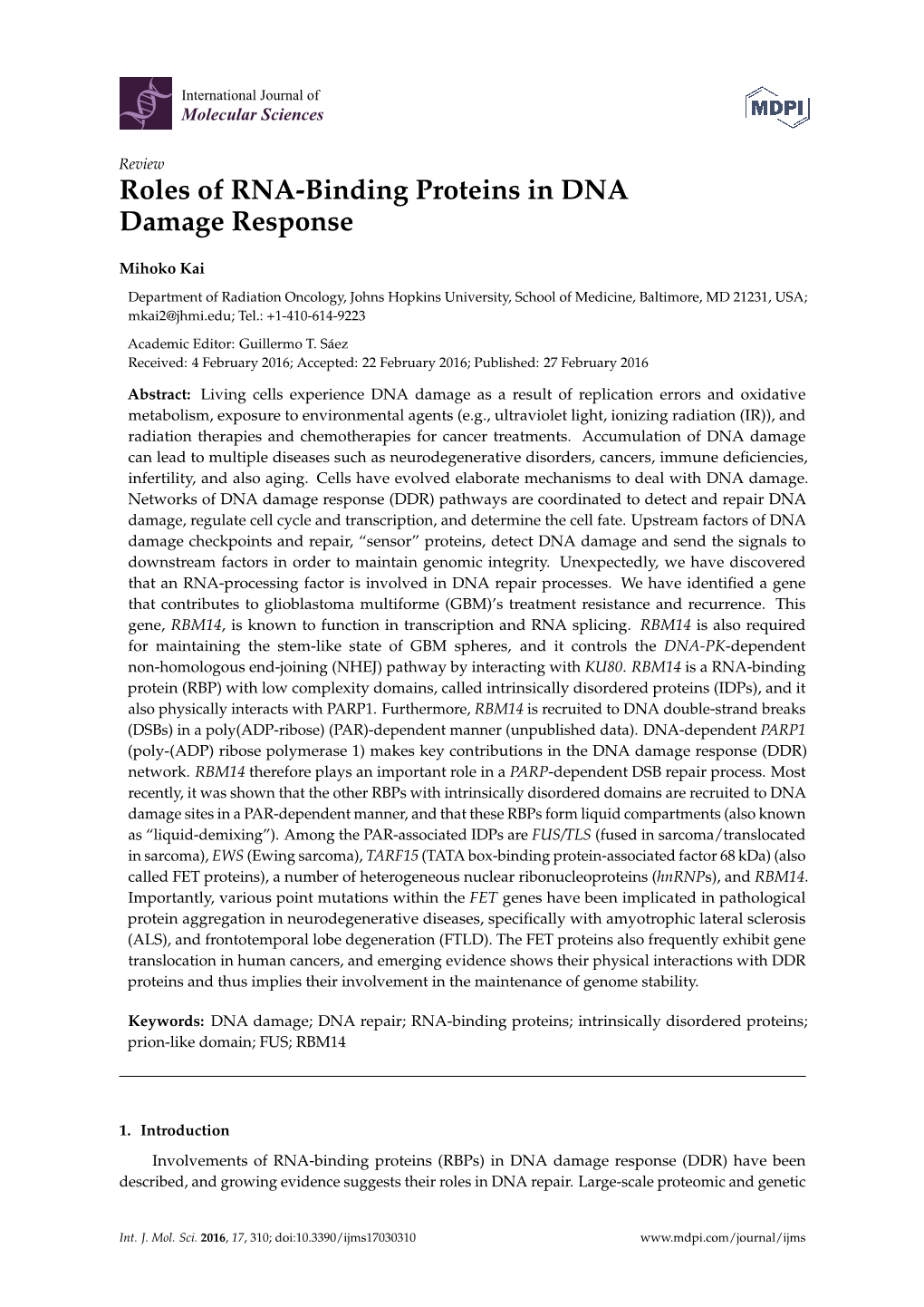 Roles of RNA-Binding Proteins in DNA Damage Response