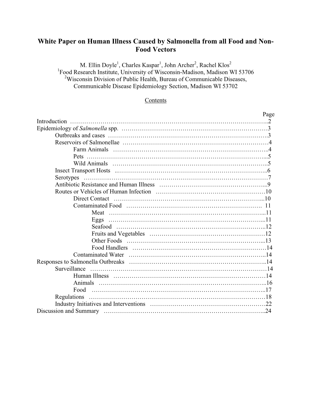 White Paper on Human Illness Caused by Salmonella from All Food and Non- Food Vectors