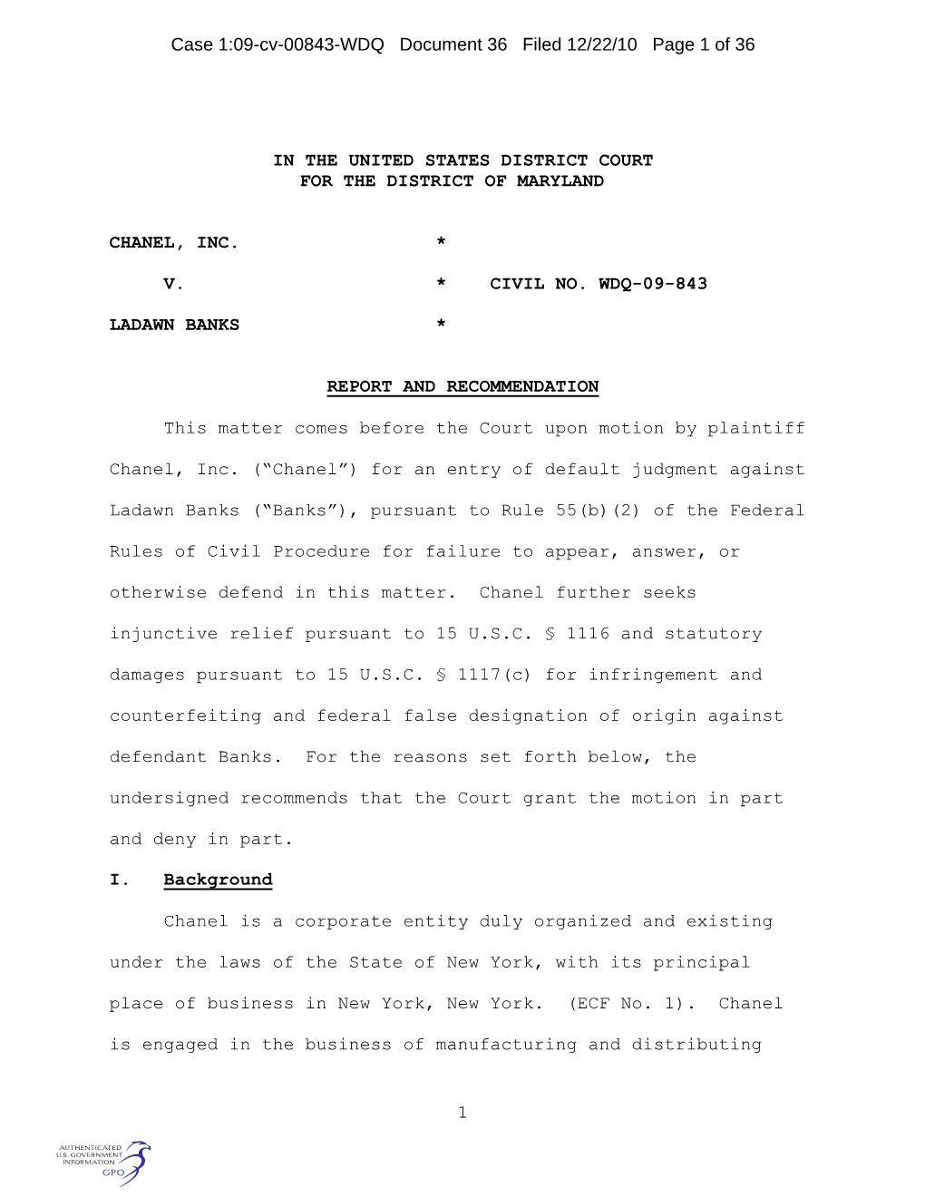 Case 1:09-Cv-00843-WDQ Document 36 Filed 12/22/10 Page 1 of 36