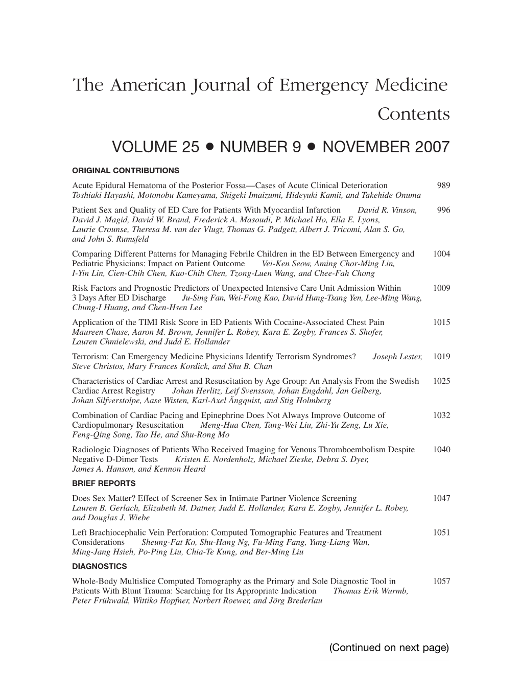 The American Journal of Emergency Medicine Contents VOLUME 25 • NUMBER 9 • NOVEMBER 2007