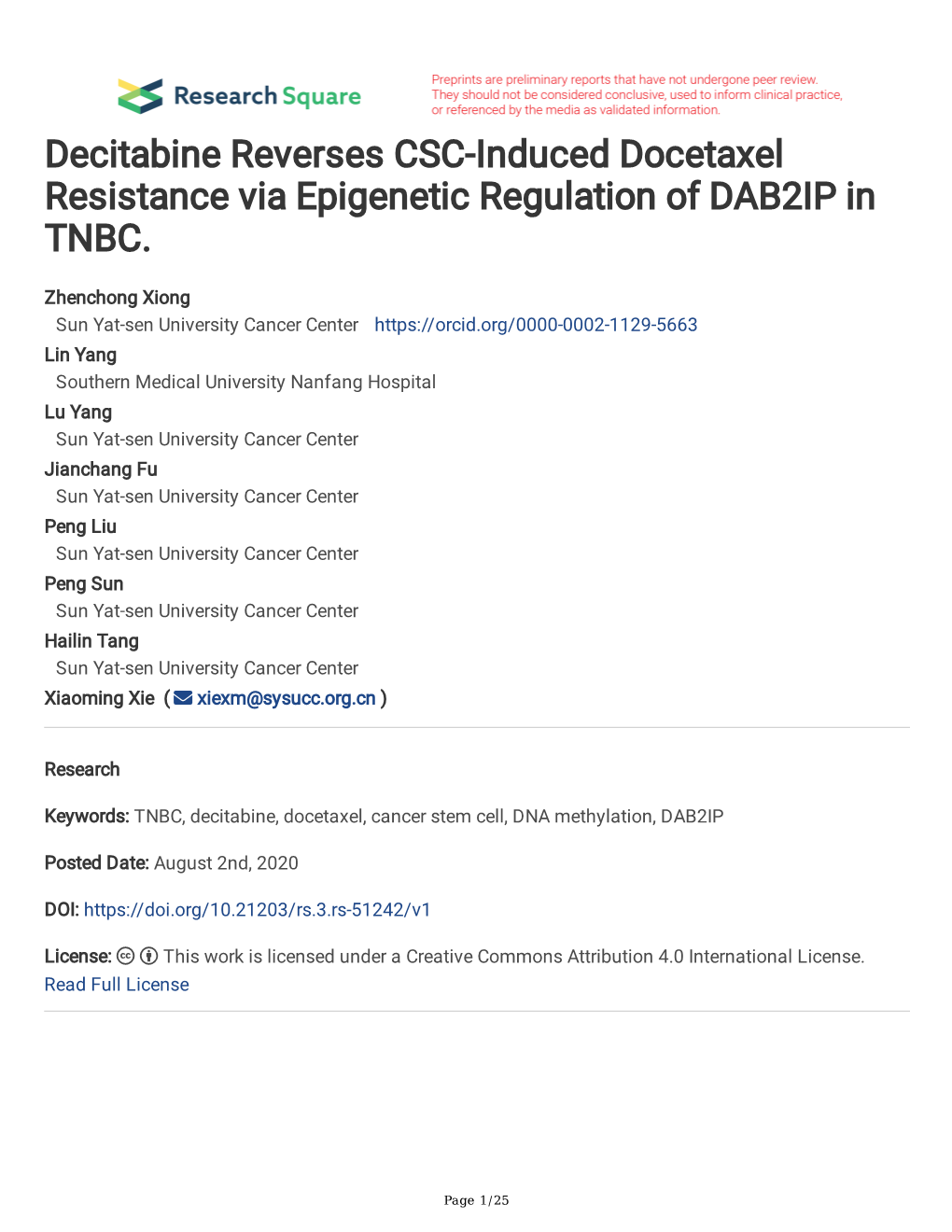 Decitabine Reverses CSC-Induced Docetaxel Resistance Via Epigenetic Regulation of DAB2IP in TNBC