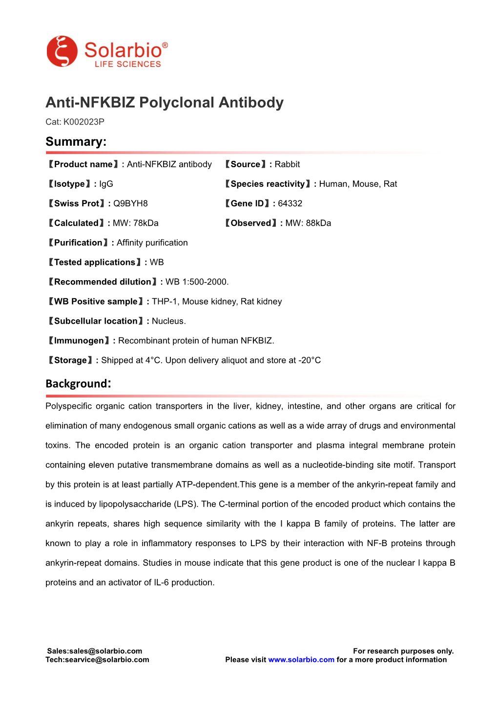 Anti-NFKBIZ Polyclonal Antibody Cat: K002023P Summary