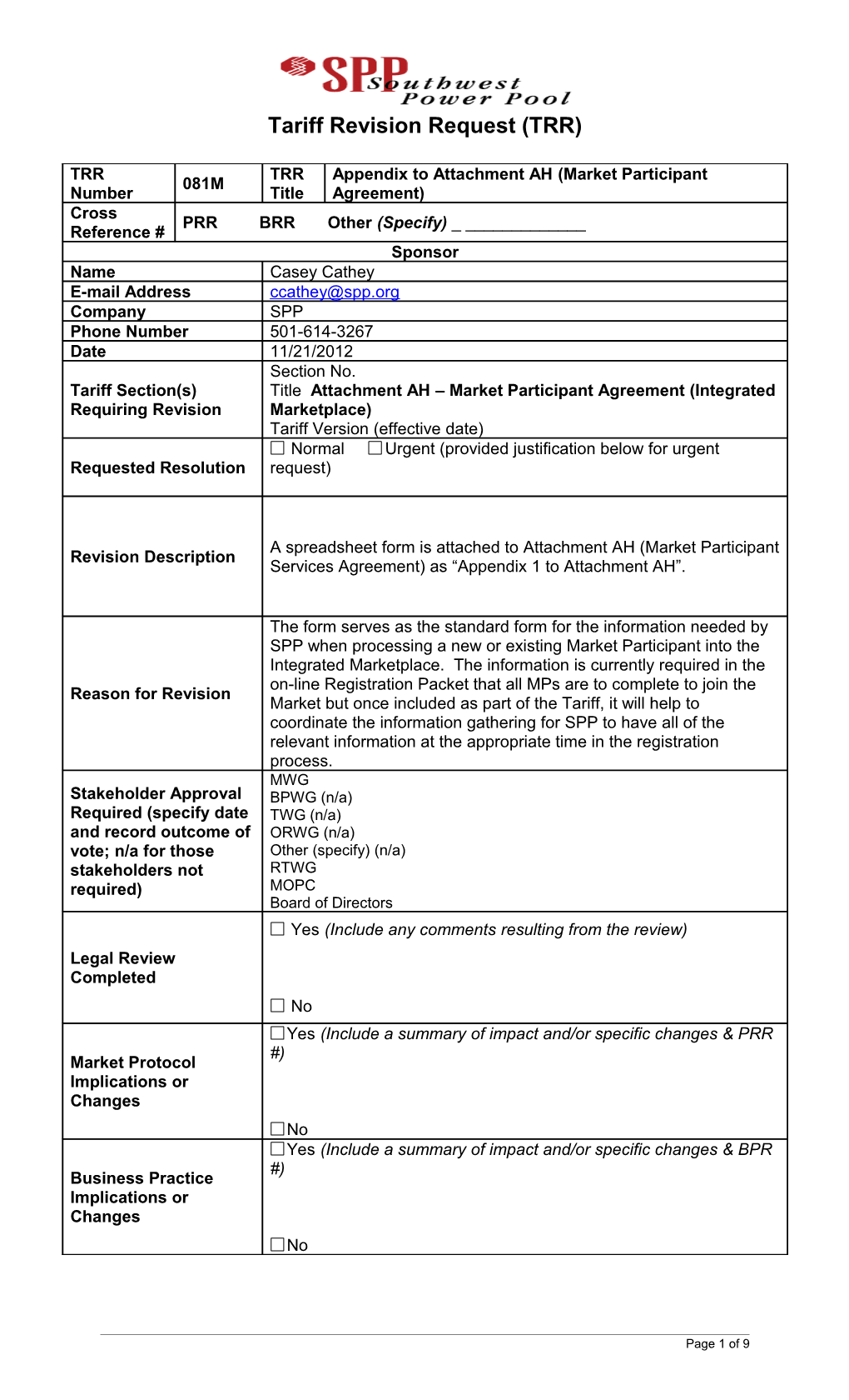 Tariff Revision Request (TRR)