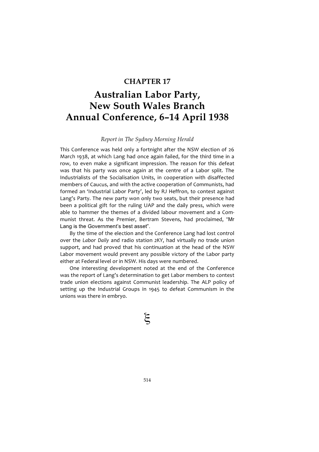 Australian Labor Party, New South Wales Branch Annual Conference, 6–14 April 1938