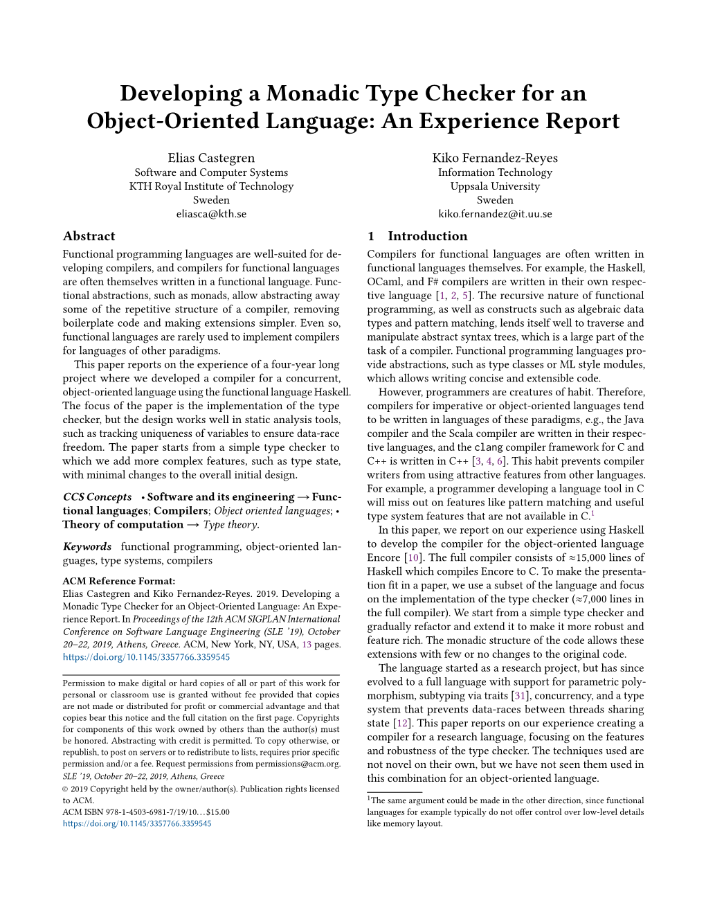 Developing a Monadic Type Checker for an Object-Oriented Language: an Experience Report