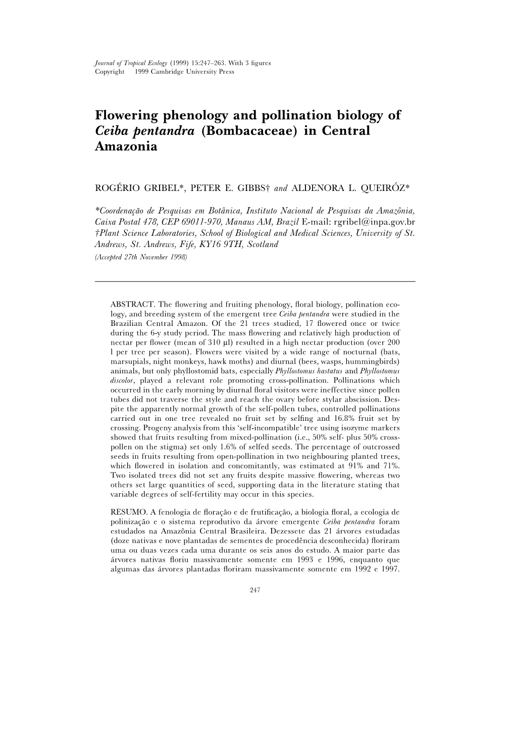 Flowering Phenology and Pollination Biology of Ceiba Pentandra (Bombacaceae) in Central Amazonia