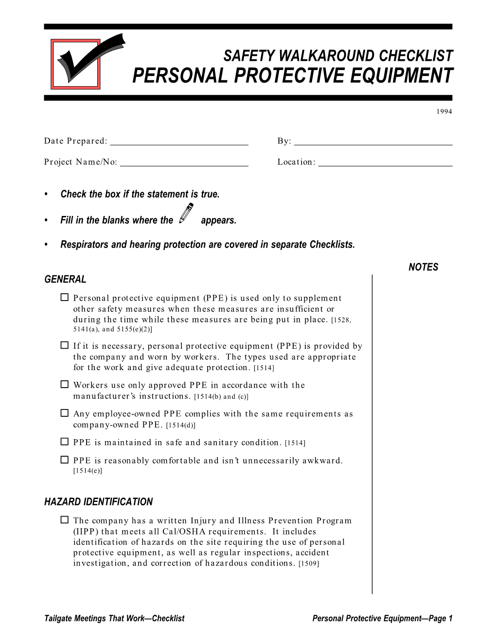 Personal Protective Equipment Checklist