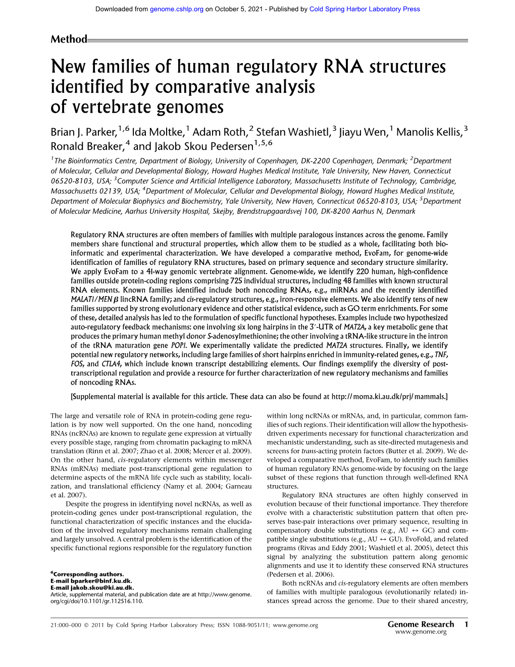 New Families of Human Regulatory RNA Structures Identified by Comparative Analysis of Vertebrate Genomes