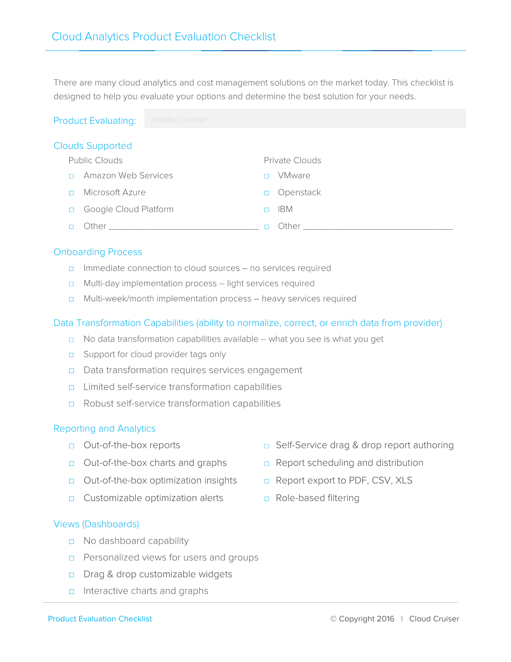 Cloud Analytics Product Evaluation Checklist