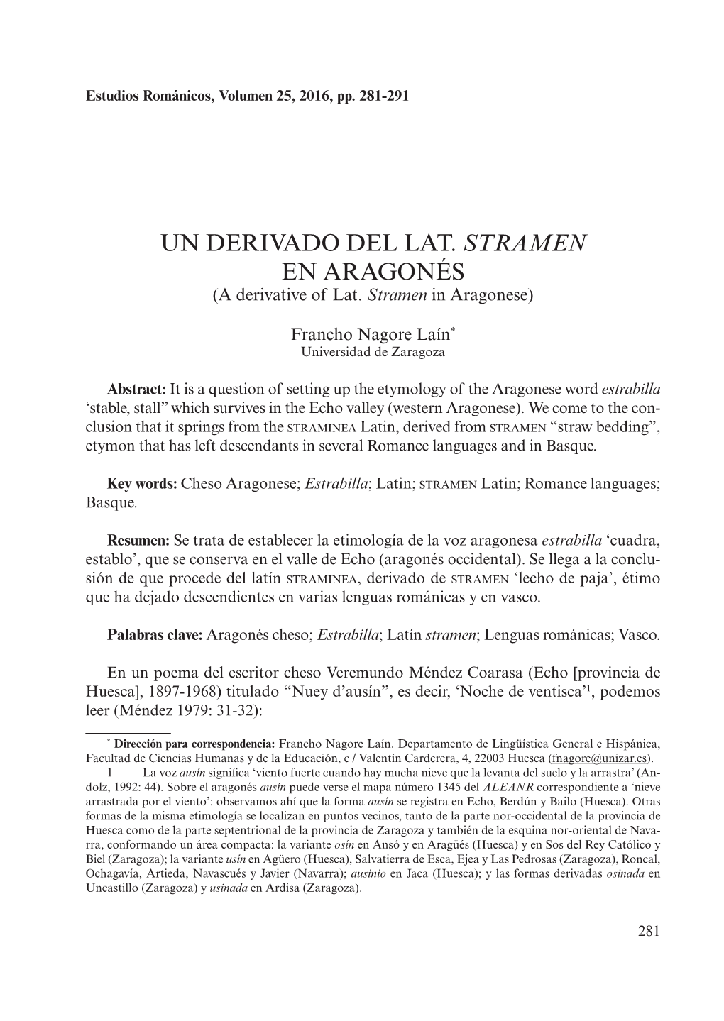 UN DERIVADO DEL LAT. STRAMEN EN ARAGONÉS (A Derivative of Lat