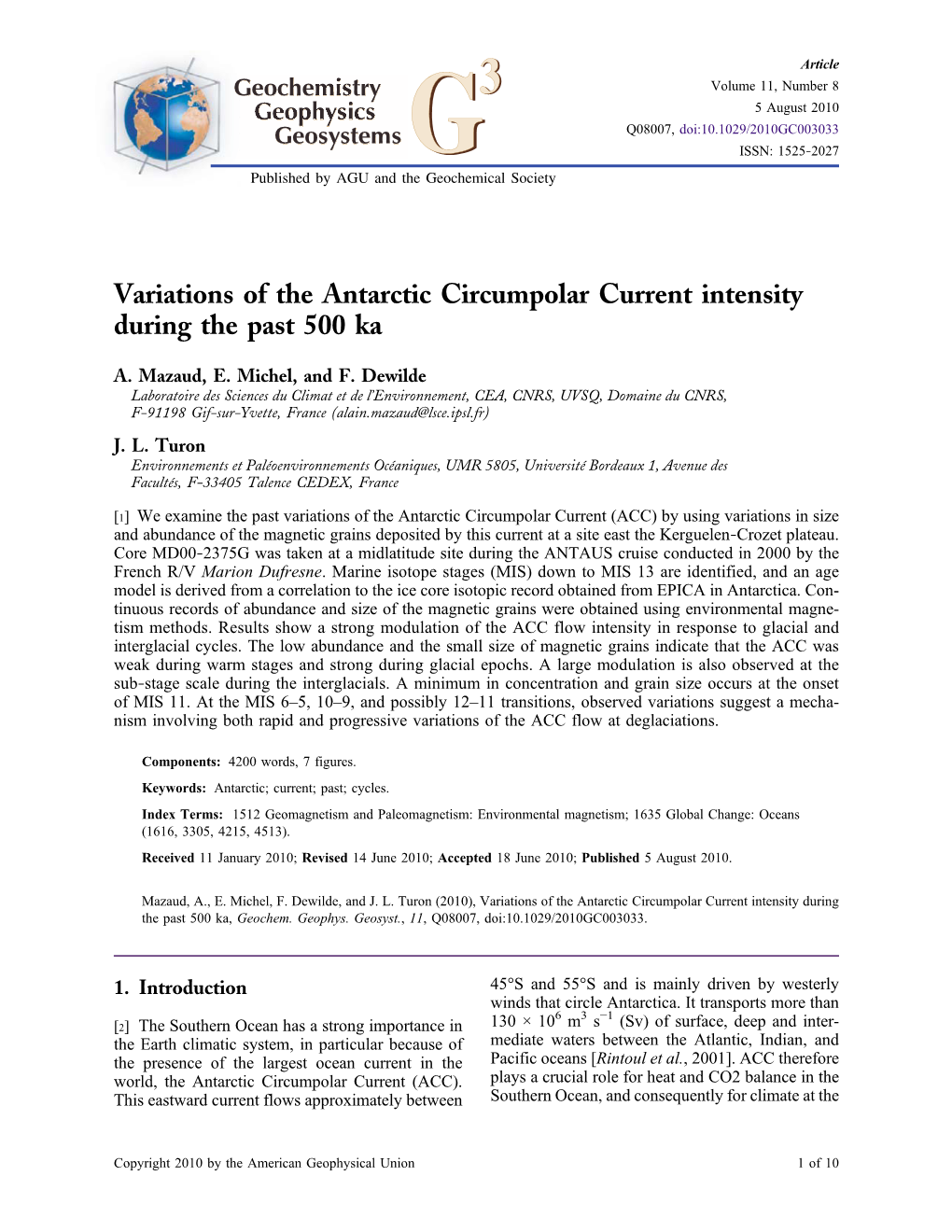 Variations of the Antarctic Circumpolar Current Intensity During the Past 500 Ka