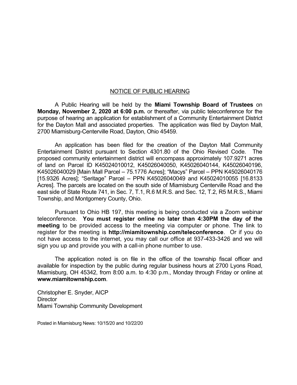 NOTICE of PUBLIC HEARING a Public Hearing Will Be Held by The