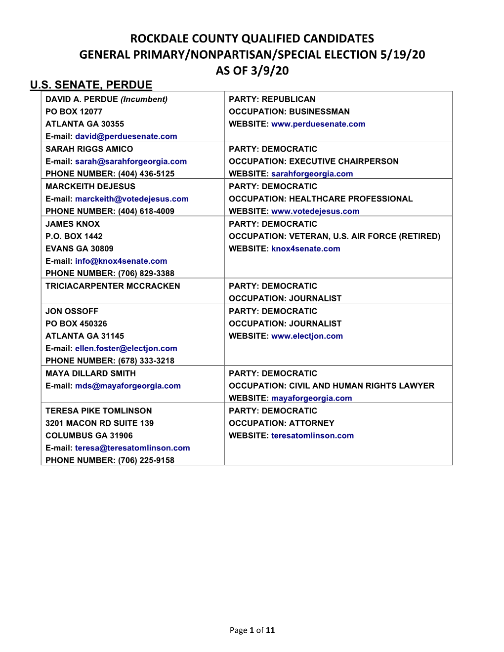 Rockdale County Qualified Candidates General Primary/Nonpartisan/Special Election 5/19/20 As of 3/9/20 U.S