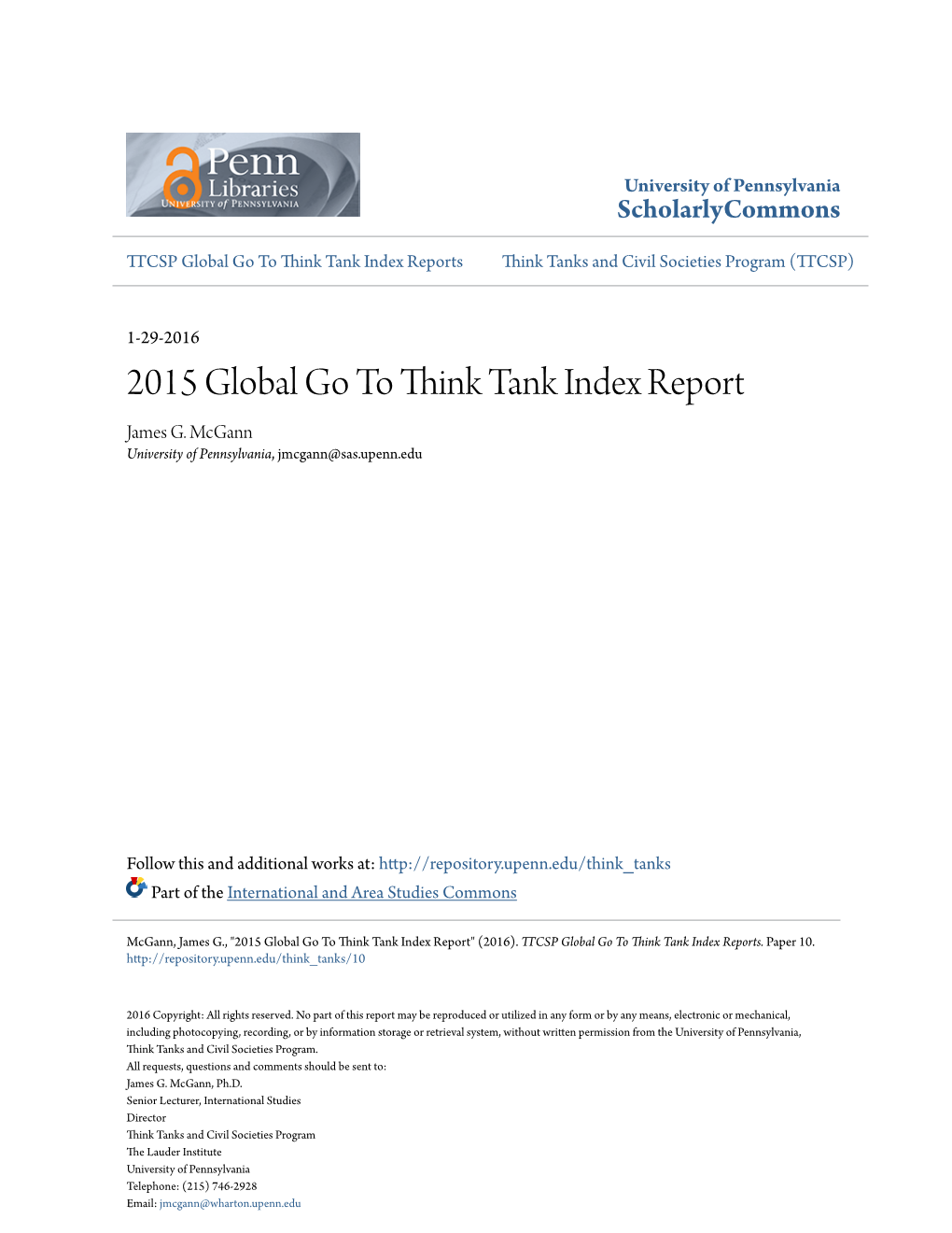 2015 Global Go to Think Tank Index Report