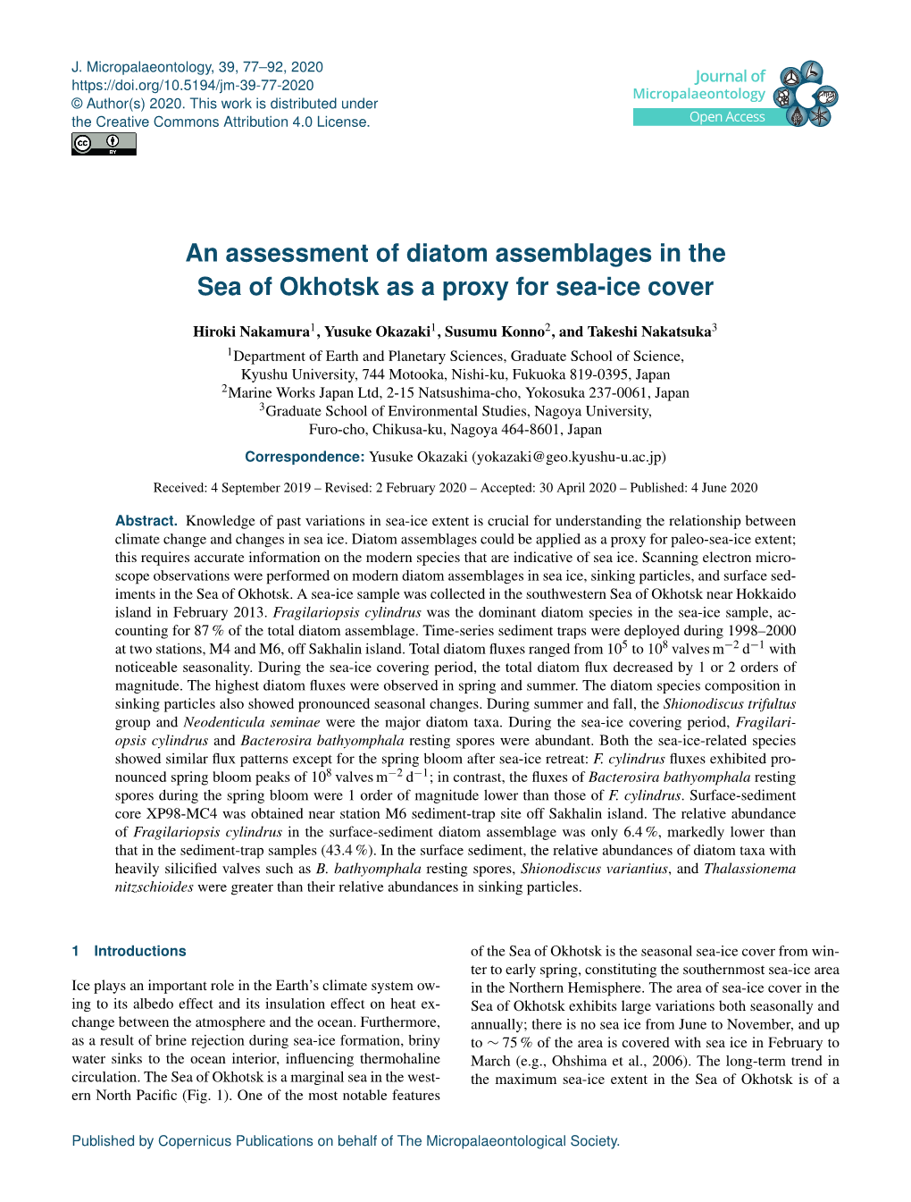 An Assessment of Diatom Assemblages in the Sea of Okhotsk As a Proxy for Sea-Ice Cover