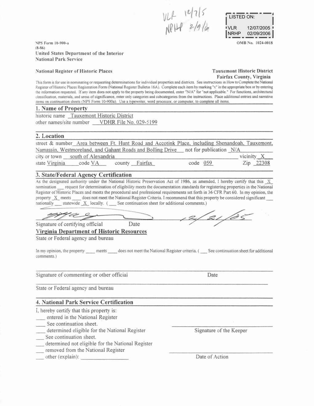 National Register of Historic Places Tauxemont Historic District Continuation Sheet Fairfax County, Virginia 5