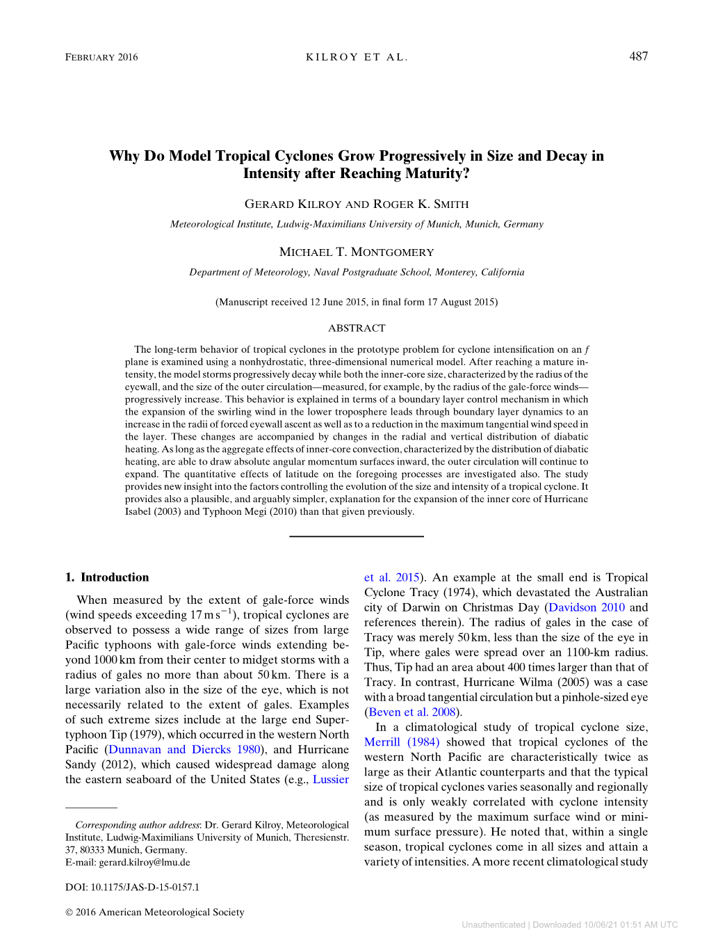 Downloaded 10/06/21 01:51 AM UTC 488 JOURNAL of the ATMOSPHERIC SCIENCES VOLUME 73 of Tropical Cyclone Size by Dean Et Al