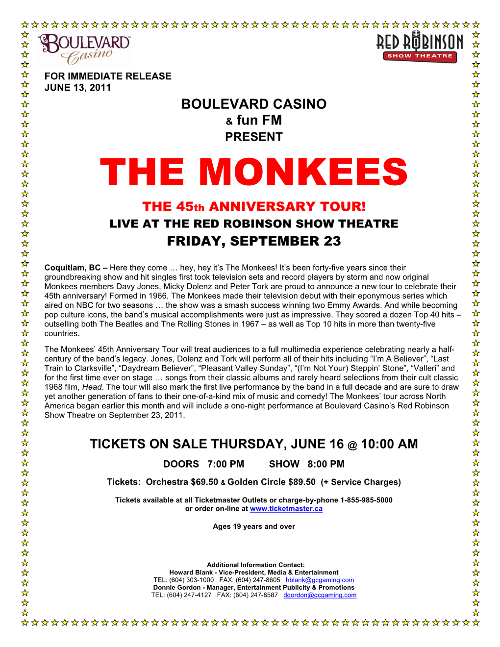 THE MONKEES the 45Th ANNIVERSARY TOUR! LIVE at the RED ROBINSON SHOW THEATRE